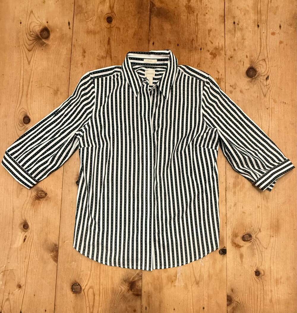 Chico's No-Iron Blouse Black White Striped Button-Front - Size 1